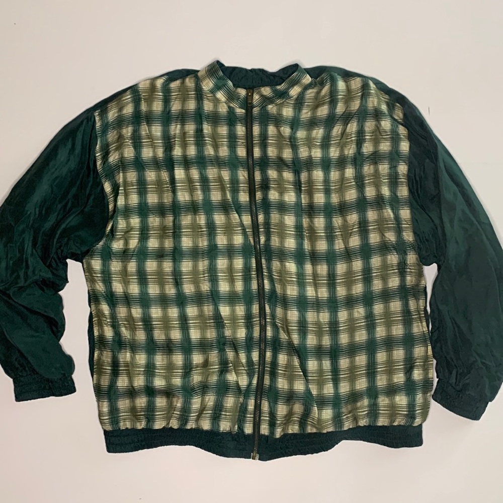 Vintage Out Brook Green 100% Silk Jacket Womens Size Large  Plaid Full Z…